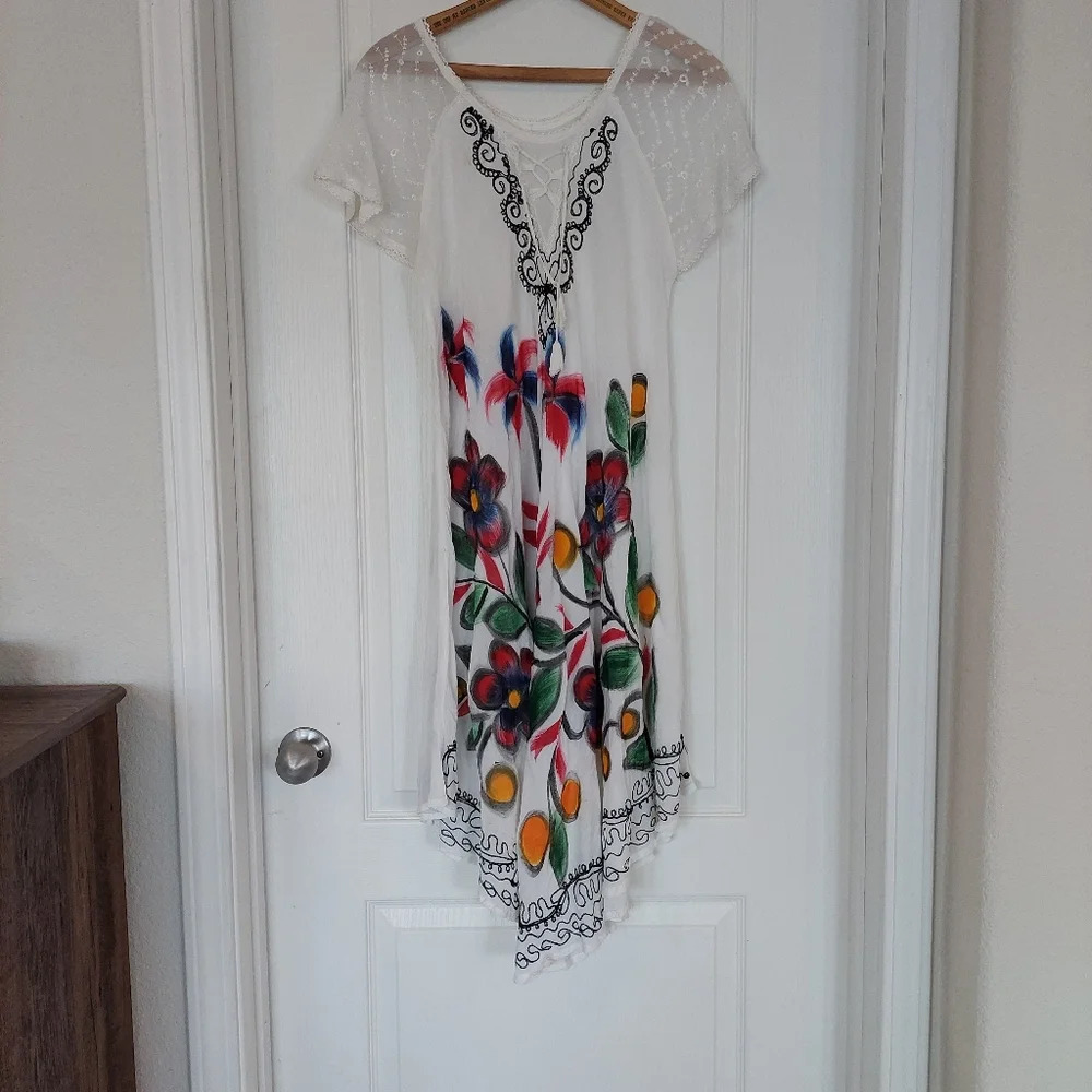 Floral Hand Painted White Dress